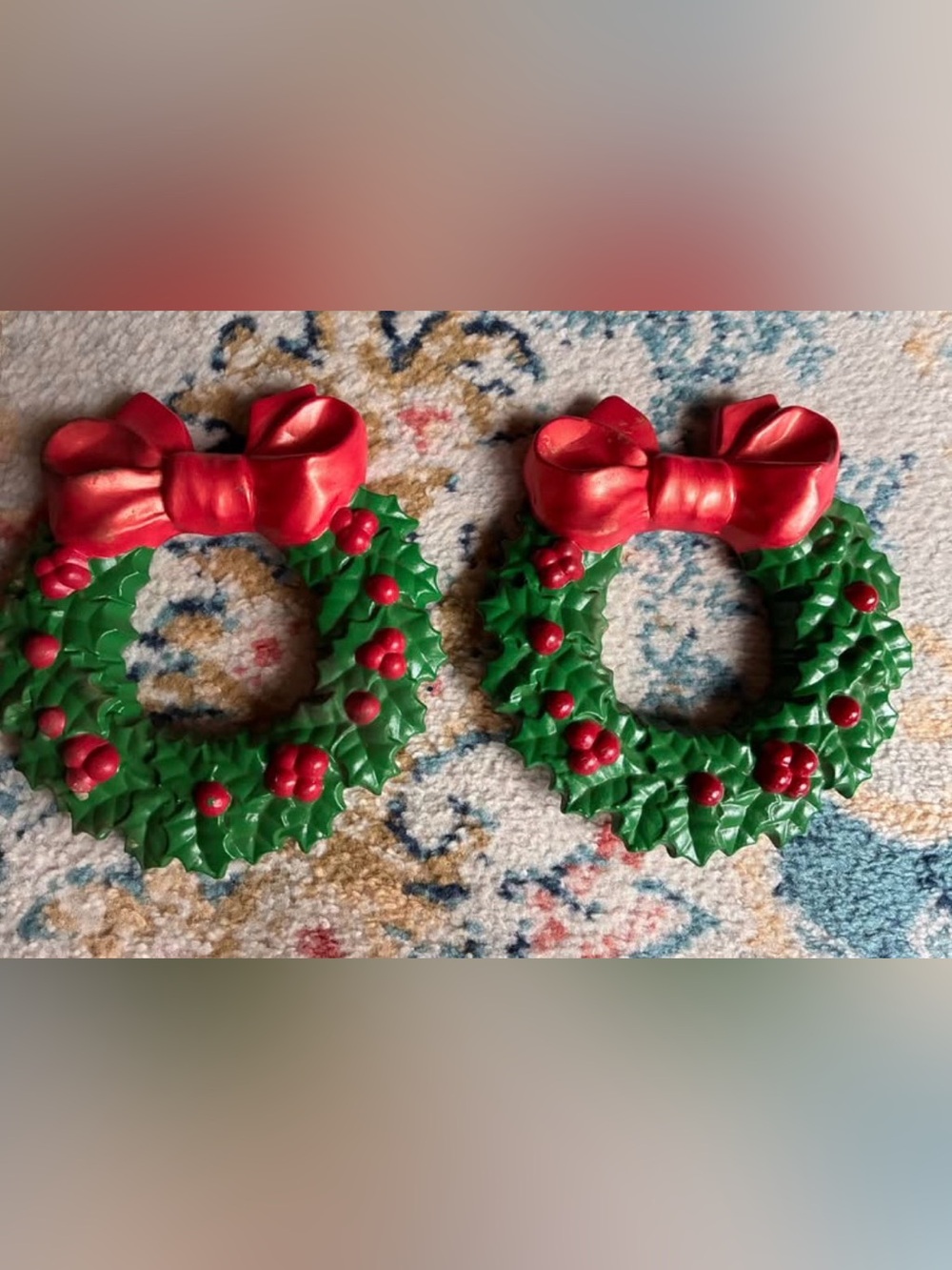 Vtg 1980s Ceramic Christmas Wall Holly Berry Wreaths (set of 2)